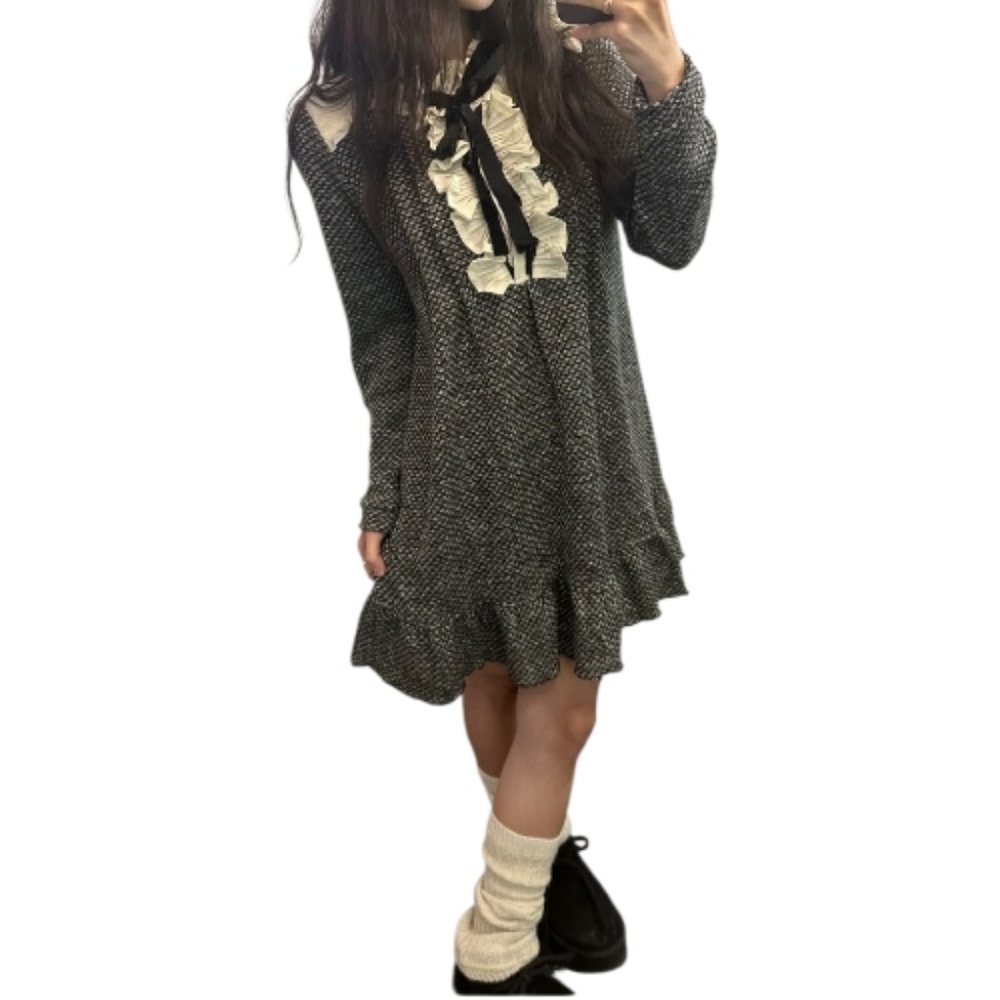 AXES FEMME tweed brown coquette‎ ruffle kawaii Jfashion mini dress M